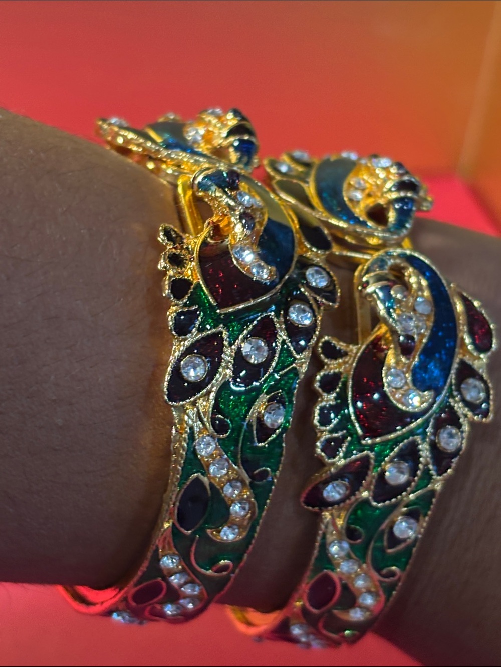 Gold-Tone Multicolor Enamel Peacock Bangle Bracelet Set